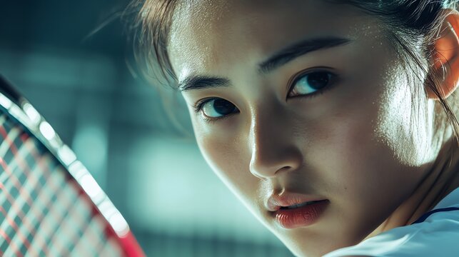 A young woman looks intently at the camera while playing badminton.