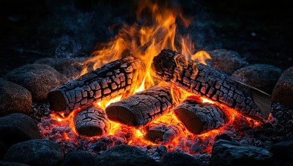 Fototapeta premium Close up of a campfire with burning logs and glowing embers, creating a warm and inviting atmosphere.
