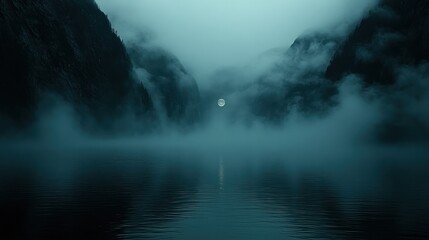 Naklejka premium Misty mountains reflect a serene moonlit lake at twilight.