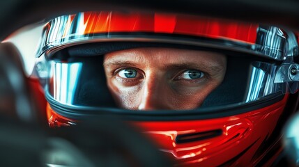 Fototapeta premium A race car driver looks intensely out from behind his helmet visor.