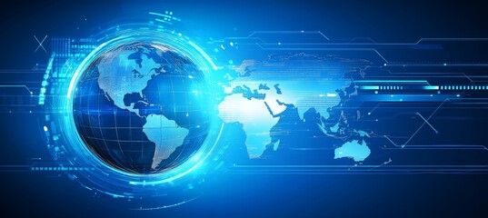 Global Network Connection Abstract Technology Background with Glowing Globe and Circuitry Elements