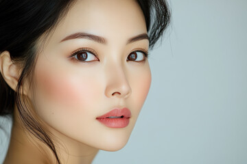 Fototapeta premium Beautiful young Asian woman with flawless skin and natural makeup, showcasing serene expression. Ideal for cosmetics and skincare advertisements