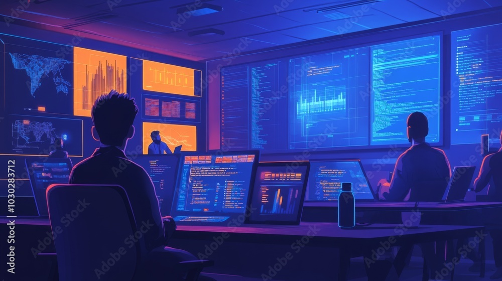 Aufkleber several people work at their desks in a large room with screens displaying data. the room has a dark