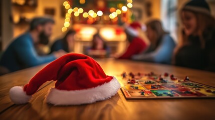 Board game on the table and Santa hat, Christmas promotion on entertainment items