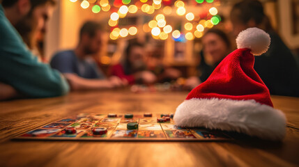 Board game on the table and Santa hat, Christmas promotion on entertainment items