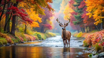 Low angle view of wild deer in stream among colorful flowers in autumn forest