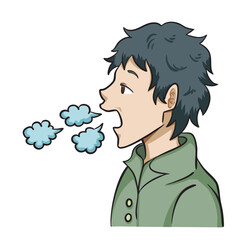 Man with green shirt yawning or burping colorful illustration isolated on square white background. Simple flat outlined cartoon art styled drawing.