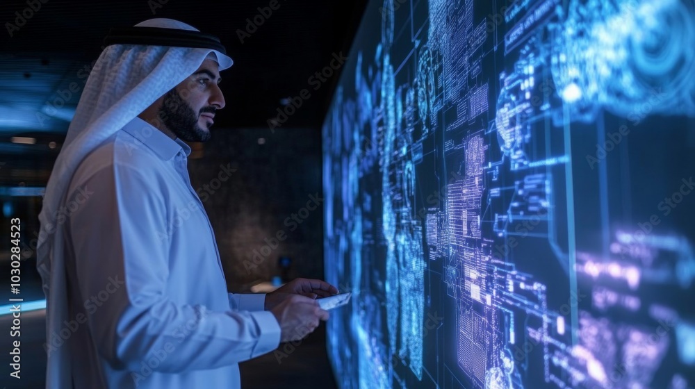Poster A man in a white thobe and a white head covering stands in front of a large display screen. The screen shows a blue digital display with lines and graphics