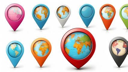 3D color pin GPS pointer set for location and navigation, GPS pointer on white isolated background