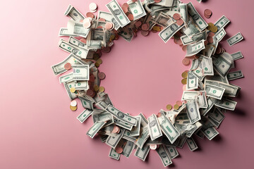 Money wreath with bills and coins, pink background