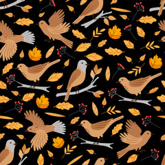 Naklejka premium Forest birds vector seamless pattern. Birds and autumn leaves black background.