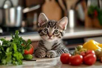 A playful cat exploring a kitchen filled with fresh vegetables. This charming scene captures the essence of curiosity and fun in culinary adventures. Generative AI