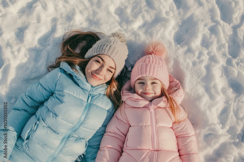 Sticker Portrait of cheerful mother making snow angle lying opposite side with small daughter outdoors clothing jacket.