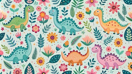 Whimsical seamless pattern with dinosaurs and flowers