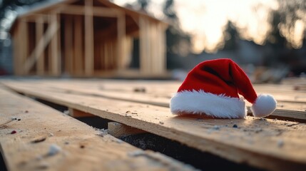 Construction of a wooden frame house and Santas hat, Christmas promotion at a construction company