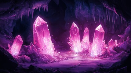 A dark cave illuminated by glowing pink crystals, with stalactites hanging from the ceiling.