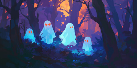 Cute ghosts strolling around in the middle of magical haunted forest in a whimsical, game-style design