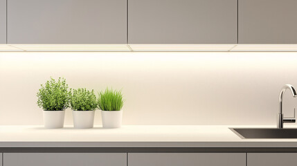 Fototapeta premium Minimalist kitchen with white countertops, sleek cabinetry, and small plants to soften the clean design