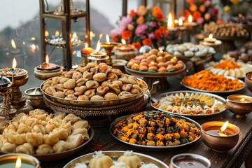 Fototapeta premium An array of colorful desserts and savory snacks fills beautifully arranged tables, illuminated by soft candlelight, showcasing the joy of a cultural festival