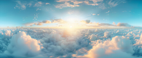 Blue sky with white clouds and sun, panoramic view