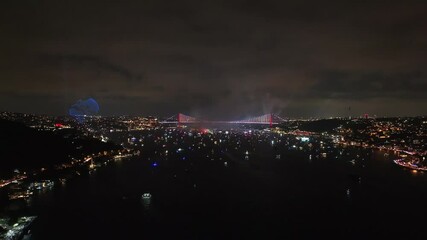 100th Anniversary Celebrations of the Republic of Türkiye Fireworks Show Drone Video, 15 July Martyrs Bridge Uskudar Istanbul, Turkiye (Turkey)