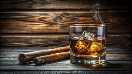 Whiskey glass with ice cubes and cigar on dark wooden background