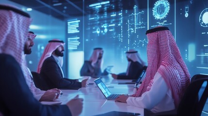 A diverse group of professionals engages in discussions about technological advancements in a sleek office. They analyze data on digital screens, showcasing teamwork and innovation.