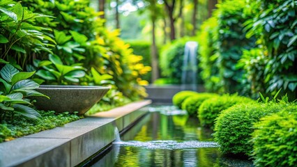 Lush green foliage and water feature