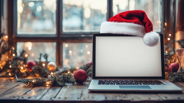 Laptop with blank screen and Santa hat, design for Christmas promotion in online store with copyspace