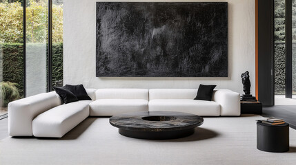 Minimalist living area with a white sofa, black accent pillows, a simple coffee table, and minimalist black-and-white artwork