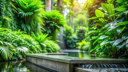 Lush green foliage vegetation and concrete water feature with shallow depth of field