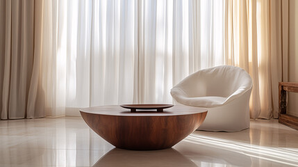 Minimalist living room bathed in natural light, with floor-to-ceiling sheer curtains and a simple wooden coffee table