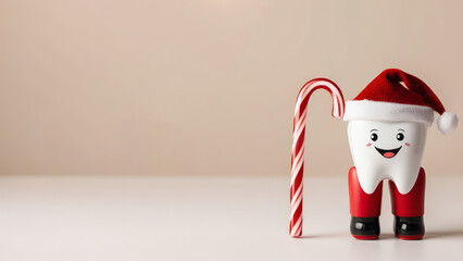 Chistmas cartoon tooth in red Santa Claus hat with candy cane on festive background. Cartoon xmas stomatology banner. AI generated