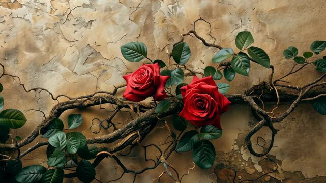 Two red roses bloom on a gnarled vine against a textured wall