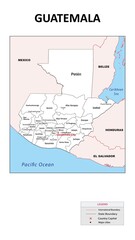 Guatemala Map. State map of Guatemala. Administrative map of Guatemala with state and capital in white color.
