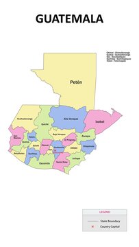 Guatemala Map. State map of Guatemala. State map of Guatemala in colour with capital.