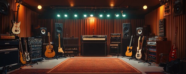 Interior a recording studio, featuring electric guitars and sound equipment, inviting a creative atmosphere © Aleza