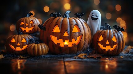 Fototapeta premium Halloween background wallpaper, jack o lanterns, with space for text, background for halloween banner.