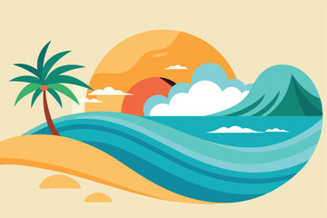 Wave of ocean on the sandy beach. Nature background. Modern design Summer vector illustration