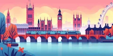 Obraz premium London city skyline during a vibrant sunset. Beautiful panoramic view. Flat modern illustration style