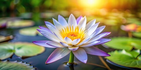 White and purple lotus flower in a pond with blurred natural background