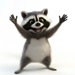 Obraz premium 3d funny cartoon raccoon celebrating victory close-up, isolated, on a white background. Illustration, decor, print for clothing, design for printing on fabric, paper, plastic, porcelain.