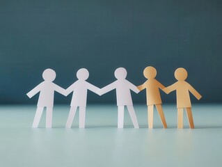 Craft a minimalistic yet lively scene of collaborative paper cutouts representing teamwork and success in a business setting