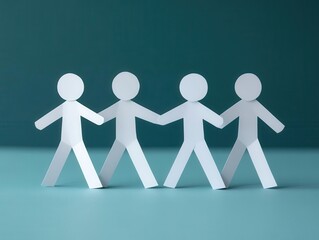 Craft a minimalistic yet lively scene of collaborative paper cutouts representing teamwork and success in a business setting