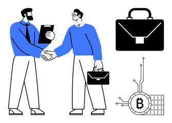 Two business professionals shaking hands. One holds a clipboard, the other a briefcase. Different associated elements emphasise a successful deal. Ideal for business, finance, blockchain, technology