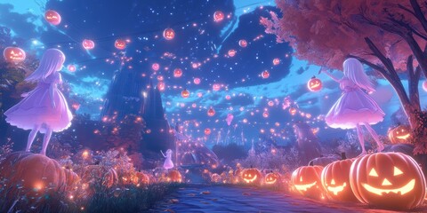 Obraz premium Enchanting Cute Halloween Background with Lanterns Pumpkins and Whimsical Characters Under a Starry Sky