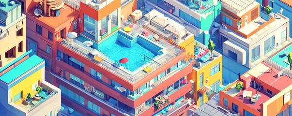 Isometric art a vibrant cityscape featuring a building with a rooftop pool and leisure activities