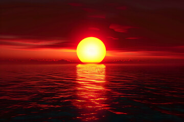 A red sunset over the ocean, with an orange sun in the center of the frame.