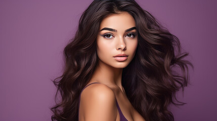 Naklejka premium Portrait of smiling latin american teenage girl with purple background.