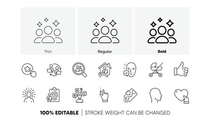 Volunteer, Search employees and Baby carriage line icons. Pack of Head, Quiz test, Love letter icon. Yoga, Face accepted, Loyalty star pictogram. Like hand, Squad, Touchscreen gesture. Vector